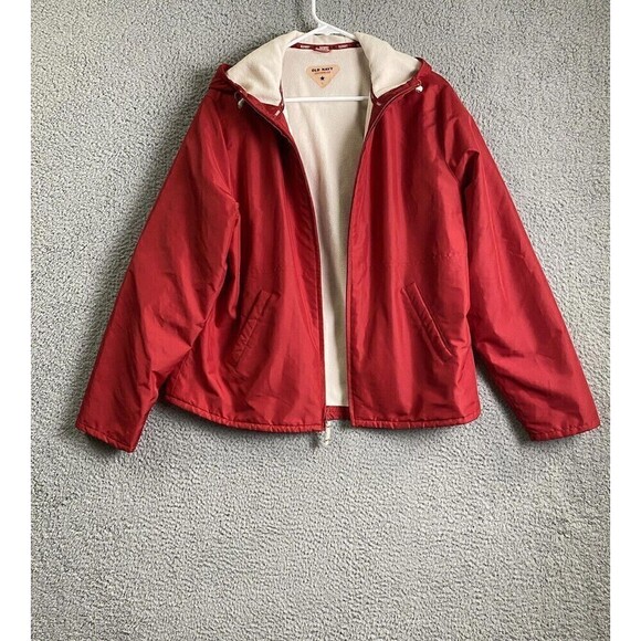 Old Navy Jacket Womens Large Red Lined Hooded  Full Zip Coat - Picture 1 of 12